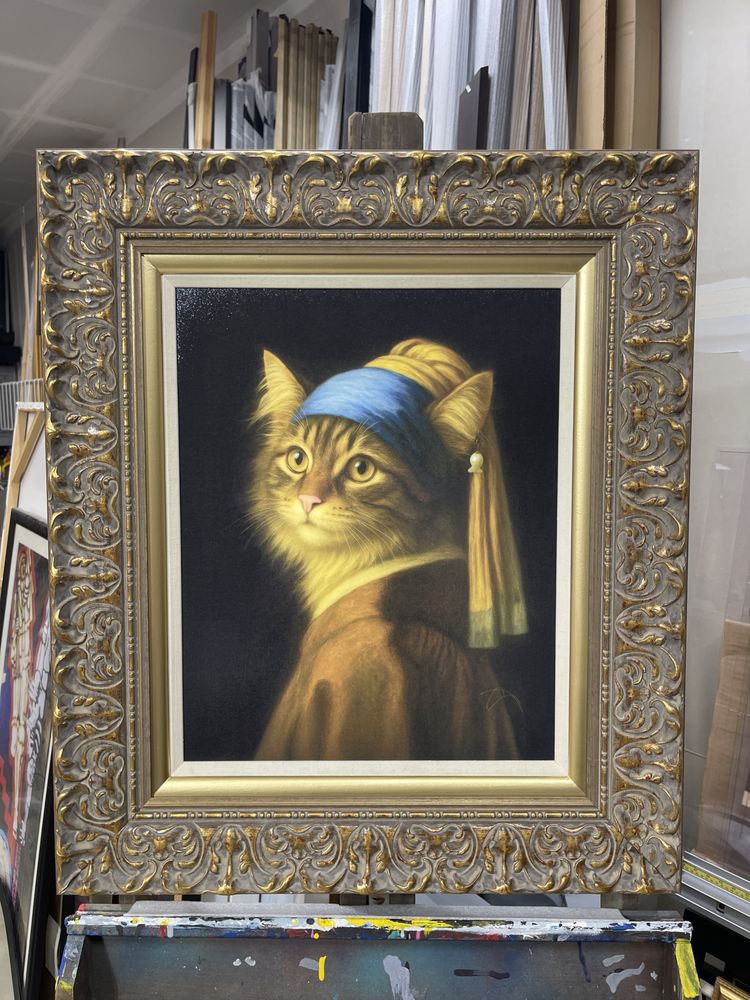 Cat portrait inspired by Girl with a Pearl Earring in an ornate antiqued gold custom frame built by Villa