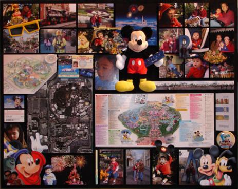 Custom Disney family memory shadowbox with photographs, maps, and Mickey Mouse