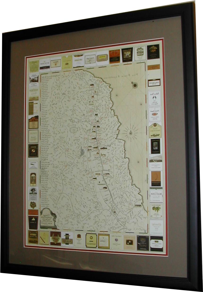 Large historical map and label collection in a custom black frame
