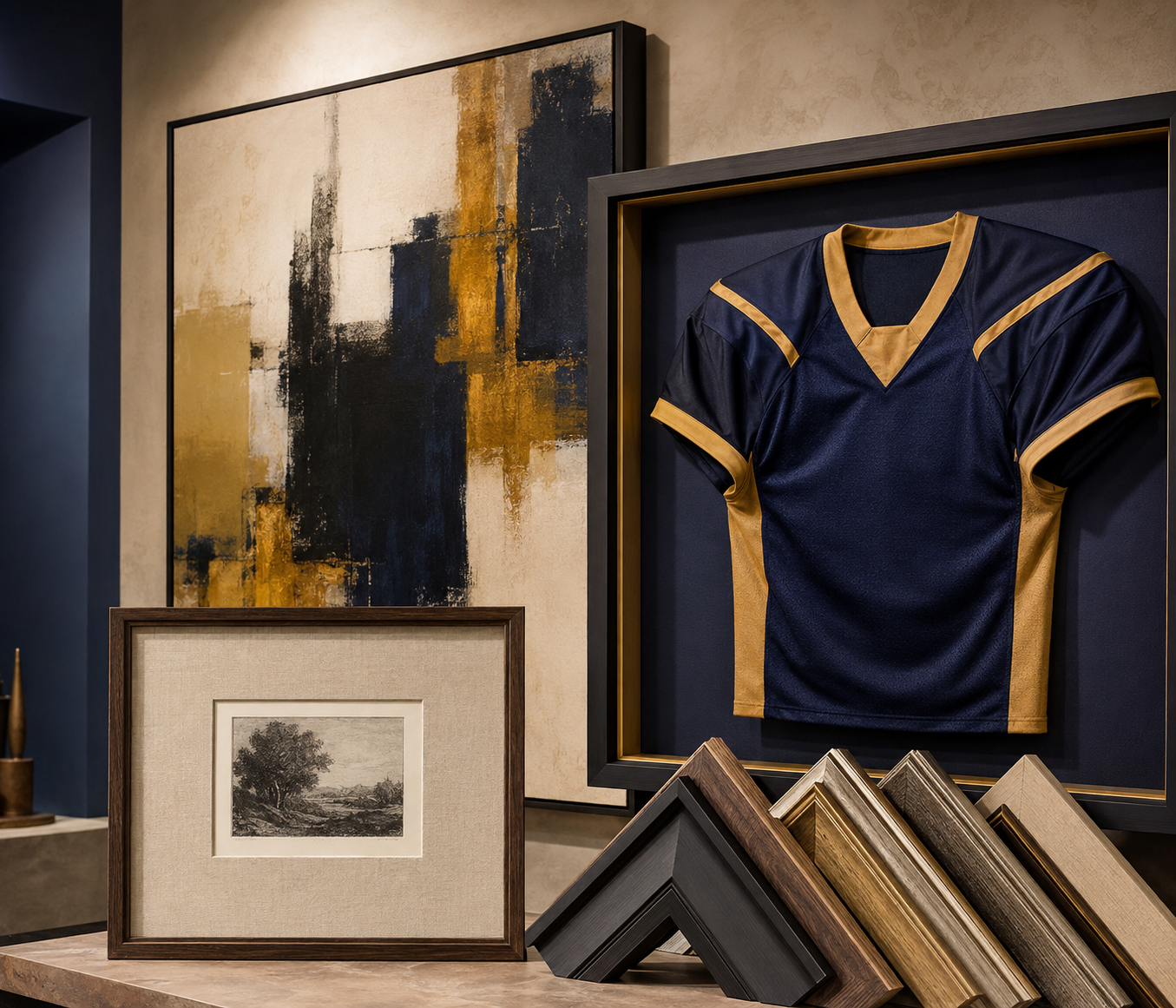 A gallery composition of custom framed artwork, memorabilia, and frame samples