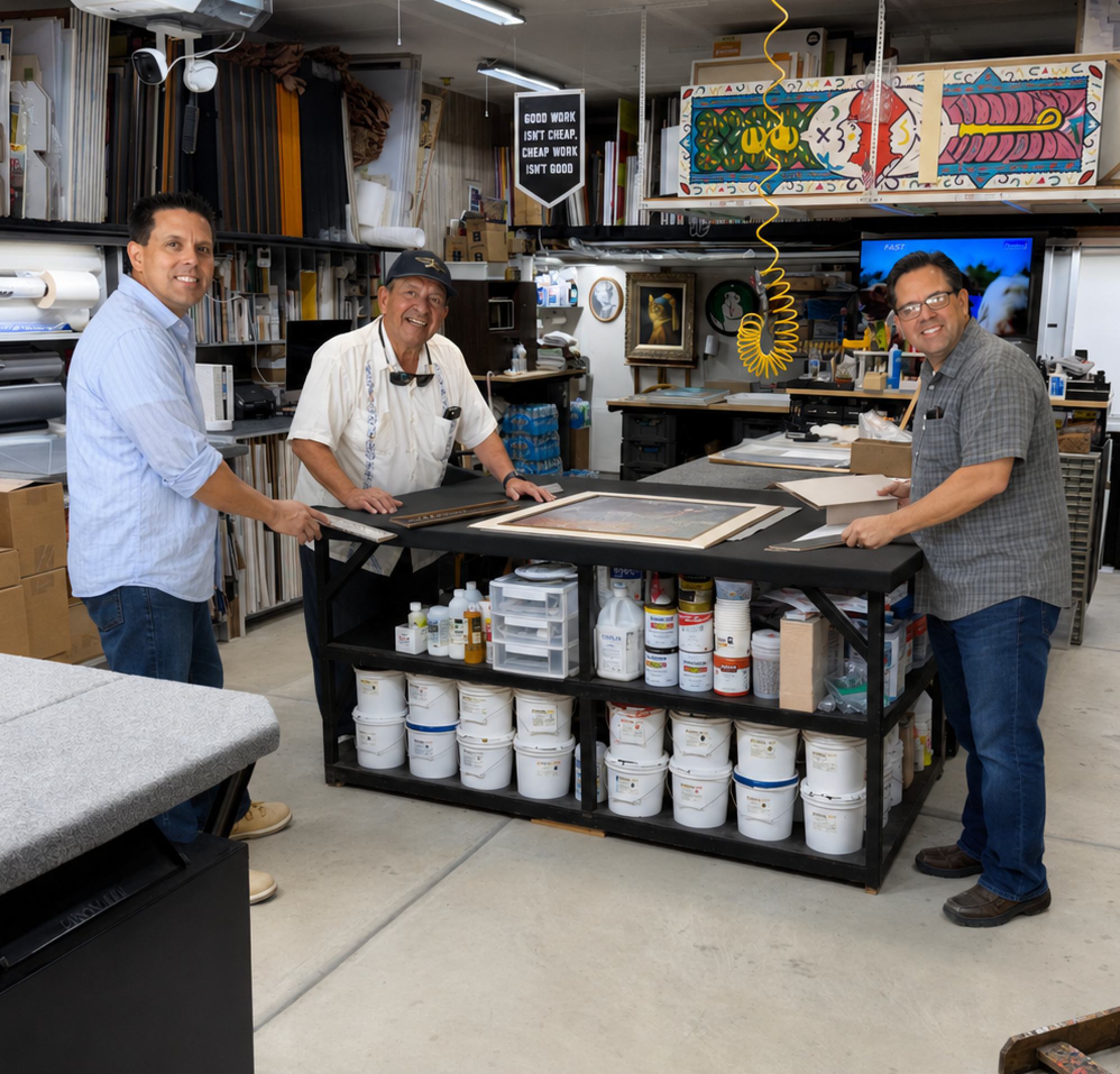 Three members of the Villa family working together around the design table in their custom frame workshop
